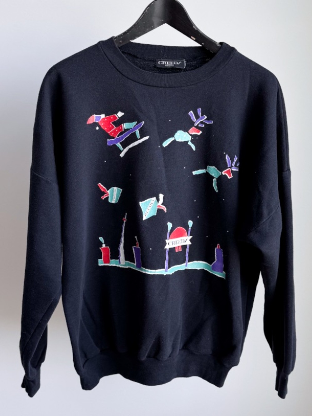 Vtg 80s Creeds Toronto Abstract Santa Sleigh Graphic Holiday Sweatshirt Black